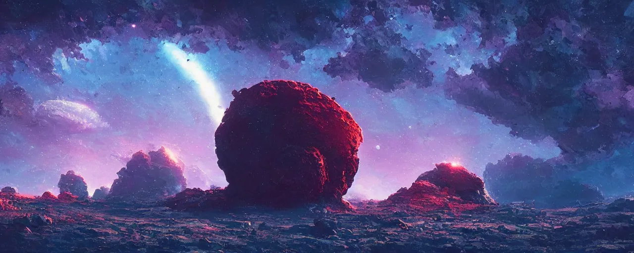 Image similar to ” small rock asteroid, [ black starry space, cinematic, detailed, epic, widescreen, opening, establishing, mattepainting, photorealistic, realistic textures, octane render, art by paul lehr ] ”