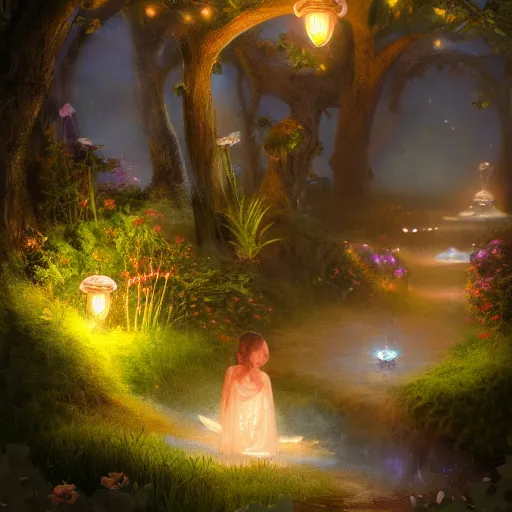 Image similar to fairy glowing magically at night concept art, realistic garden, beautiful, glorious, matte painting, highly detailed, trending on artstation, 4 k