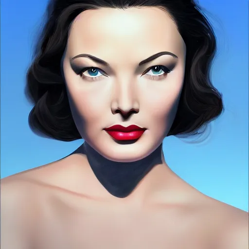 Image similar to young beautiful Gene Tierney color studio publicity photo , tight face shot portrait, highly detailed, digital painting, artstation, concept art, illustration, art , by John Clymer, in the style of John Clymer, painting by John Clymer