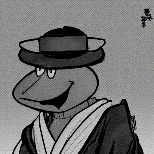 Image similar to Kermit the frog as an anime samurai, style of afro samurai, Key Frame, Top rated of pixiv, High Detail, Medium Shot, Dusk