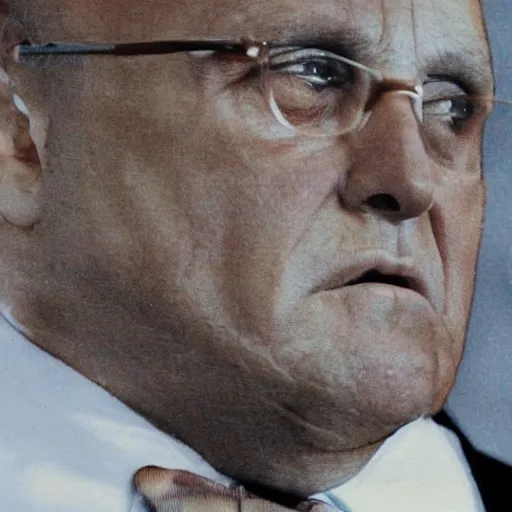 Prompt: closeup hyper detailed portait film color photograph of rudy giuliani completely covered in white powder exploding from an envelope