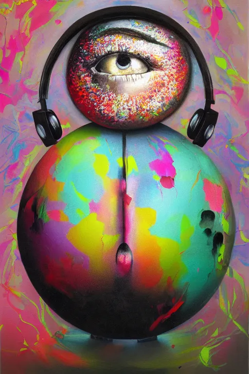 Image similar to hyperrealism surrealism acrylic painting, aerosol splashes on paper, close - up portrait of bowling ball - with big headphones and a mime sweater art by jeff soto