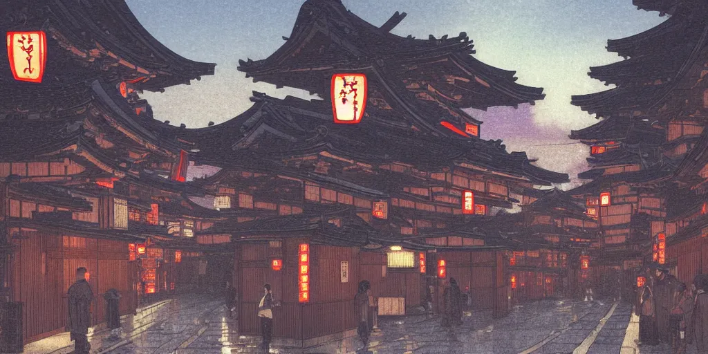 Image similar to feudal japan tokyo street at dusk, on a postcard!!!!!!!!, cinematic lighting!!, 4k, trending on artstation, intricate illustration, fast sketch!!!, rough, ultra detailed, art by albert bierstadt