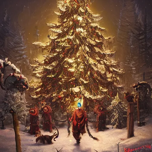 Image similar to a lonely christmas tree surrounded by krampus like monsters, nighttime, dark, surroundings are illuminated by the christmas tree, eerie, in the style of craig mullins