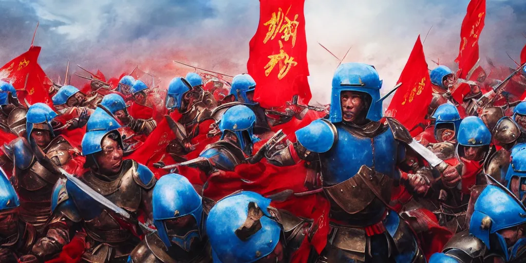 Prompt: mid action shot cinematic artwork of an army of warriors in blue armor fighting an ancient Chinese army wearing red armor and holding red flags on the battlefield by greg rutowski, masterpiece, 4k
