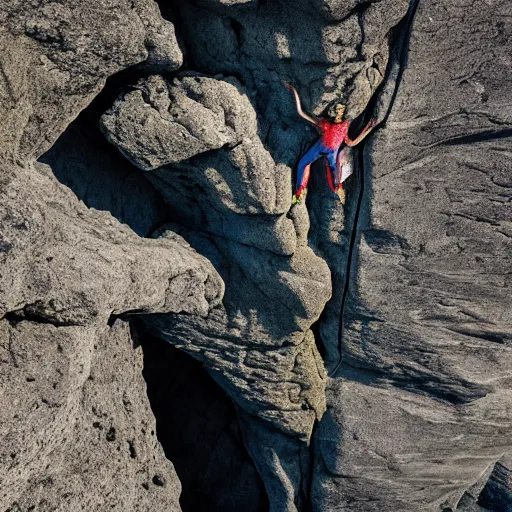 Prompt: Adam Ondra, climbing rock face, image from above, background void of fractals, mandelbrot set, hyperrealistic