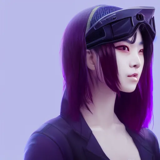 Prompt: Close up portrait of a young Asian Cyberpunk woman with dark purple hair wearing a visor, hyperdetailed, artstation, cgsociety, 8k