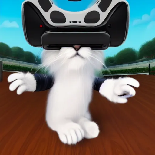 Image similar to cute long haired cat wearing a virtual reality headset, standing upright holding vr controllers playing vr game, detailed painting in the style of ralph mcquarrie 4 k