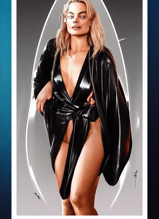 Prompt: detailed Illustration of Margot Robbie in a Solarpunk leather robe, full body portrait, shiny skin, soft lighting, sharp details, warm colors, studio portrait, 35 mm film, subsurface scattering