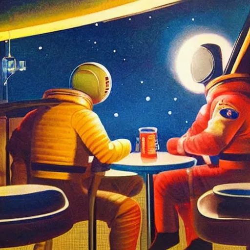 Image similar to two astronauts chatting in the corner booth of a greasy diner on the moon, midcentury American painting, stunning light, incredible detail