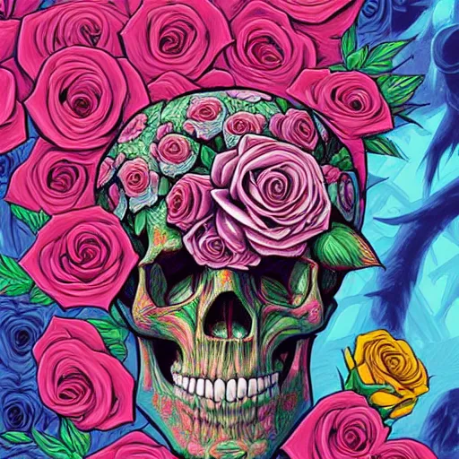 Image similar to large skulls and vivid roses, Jen Bartel, Dan Mumford, Satoshi Kon, gouache illustration