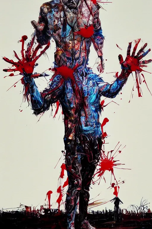 Prompt: Joe Biden full body action pose, hyper-realistic painting, Body horror, biopunk, creative design, by Ralph Steadman, Francis Bacon, Hunter S Thompson