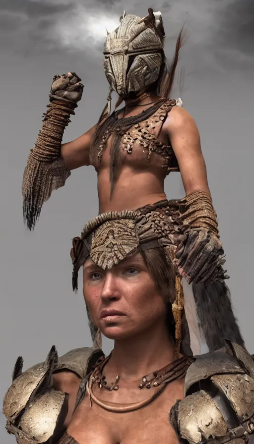 Prompt: sweated ancient princess tribewoman ready to fight, partially destroyed armor inspired monster hunter, low shot camera, muscular, symmetrical face, clean face, subtle make up, dramatic lighting, cinematic, establishing shot, extremely high detail, photorealistic, 300 the movie,monster hunter the movie, dune the movie, cinematic lighting, artstation, octane render, western,old photo, vintage, dust and destruction happening around her, freeze time