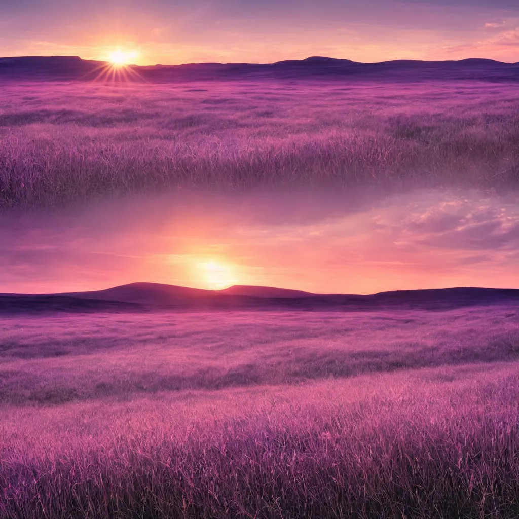 Prompt: landscape of fields of white grass, black mountains in the horizon, purple sky with a warm orange sunset, sunrays, etheral, vivid colours, epic, highly detailed, high resolution, 4 k, 8 k, hyperrealism
