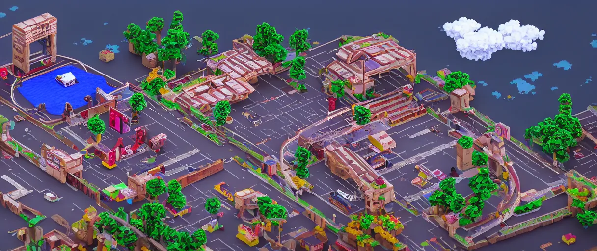 Prompt: Pixel Art arcade game scenario with bridge, stadium, mountains and clouds, all made of cardboard, CGI, Render, photorealistic, Unreal engine 5