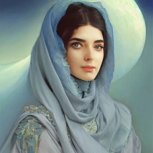 Image similar to modern Ameera al-Taweel, bright blue eyes, wavy black hair, white veil, highly detailed, digital painting, artstation, concept art, smooth, sharp focus, illustration, ArtStation, art by artgerm and greg rutkowski and alphonse mucha and J. C. Leyendecker and Edmund Blair Leighton and Katsuhiro Otomo and Geof Darrow and Phil hale and Ashley wood and Ilya repin and Charlie Bowater