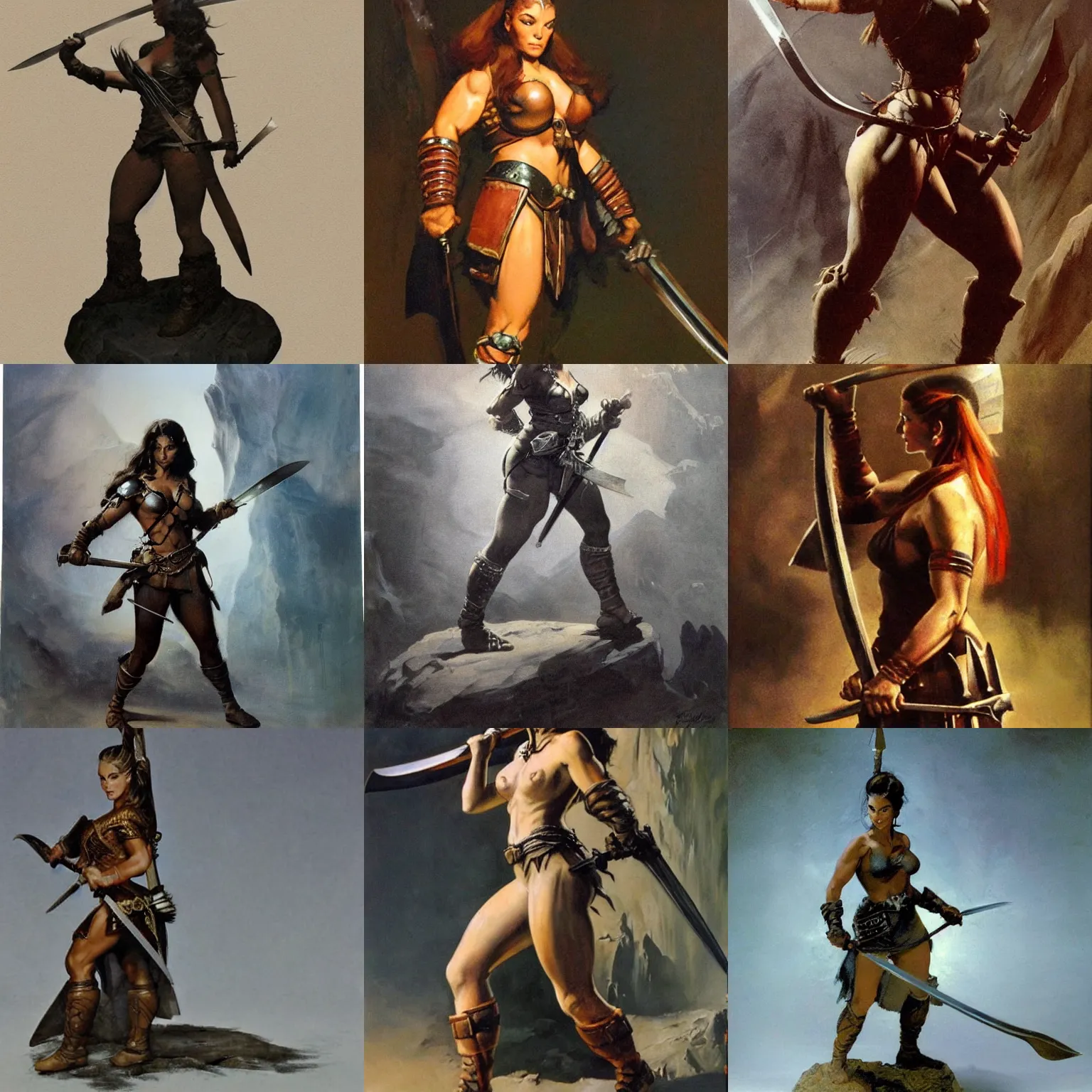 Prompt: frank frazetta portrait of female warrior holding sword and sheild in grand cave, full body profile, ultra realistic, epic lighting from above