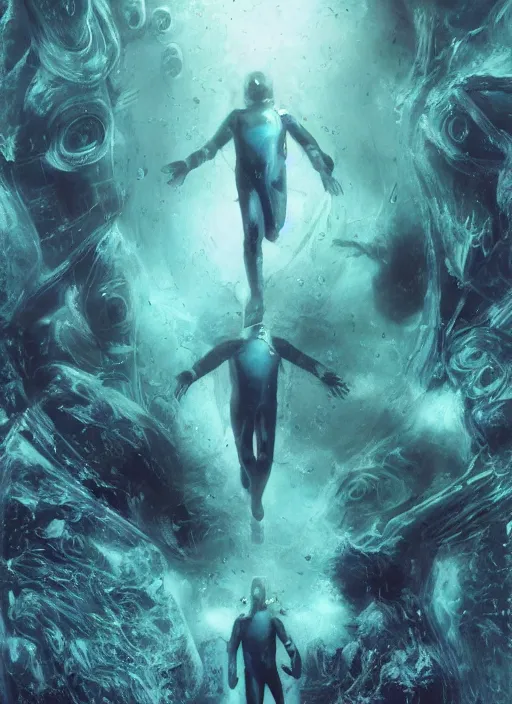 Image similar to astronauts in dark and empty void underwater - complex and hyperdetailed technical suit. reflection and dispersion materials. rays and dispersion of light. volumetric light. 5 0 mm, f / 3 2. noise film photo. flash photography. ultra realistic, wide angle. poster by wayne barlowe, hajime sorayama aaron horkey, craig mullins
