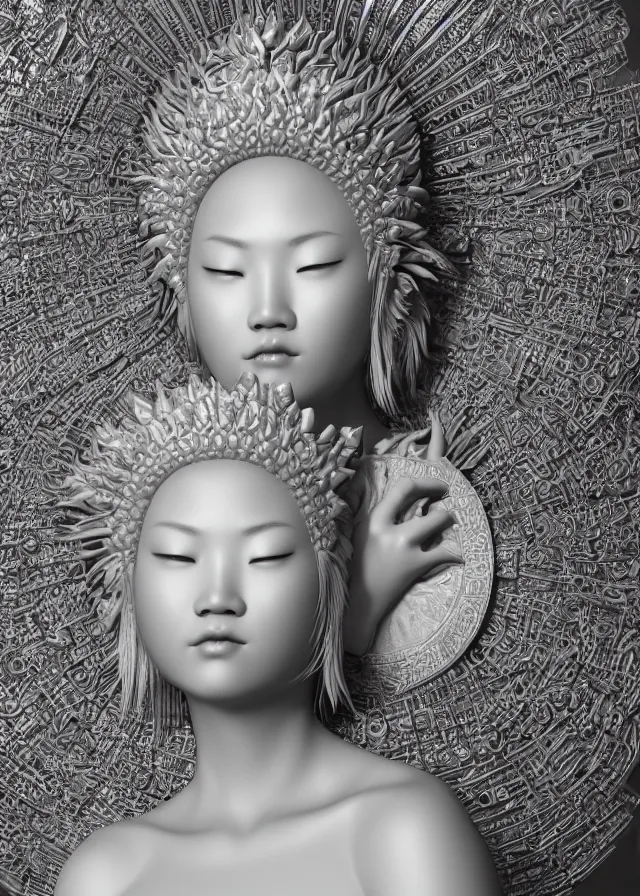 Image similar to hyper realistic portrait photo of ameterasu the sun goddess of japan, portrait shot, porcelain white face, intricate detail, octane render