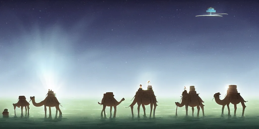 Image similar to a cell - shaded studio ghibli concept art of a hovering ufo shining a spotlight on a camel caravan in a flooded stonehenge desert on a misty starry night. very dull colors, hd, 4 k, hq