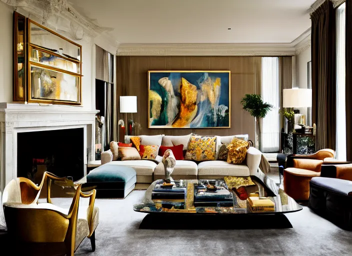 Image similar to a high end luxury living room designed by john chamberlain, interior design magazine photography