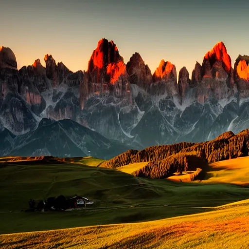 Image similar to sunset over the dolomite alps in summer, award winning, soft lighting, atmospheric