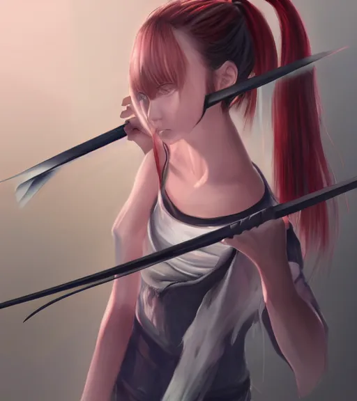 Prompt: a girl holding a katana, ponytail, highly detailed, digital painting, artstation, concept art, smooth, sharp focus, kunoichi, illustration, style of eiichiro oda