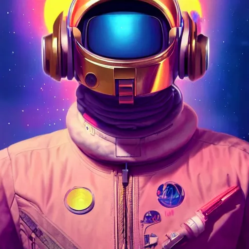 Prompt: a poster design of a futuristic cyberpunk astronaut wearing headphones in space, tech, daftpunk, futuristic, universe, cyberpunk, warm color, golden hour, artgerm, Highly detailed labeled, poster, peter mohrbacher, featured on Artstation