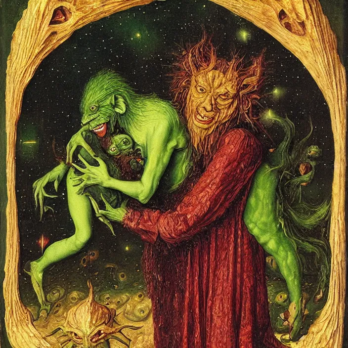 Prompt: a green-horned goblin monster holding a crying woman in a nebula, by Jan van Eyck