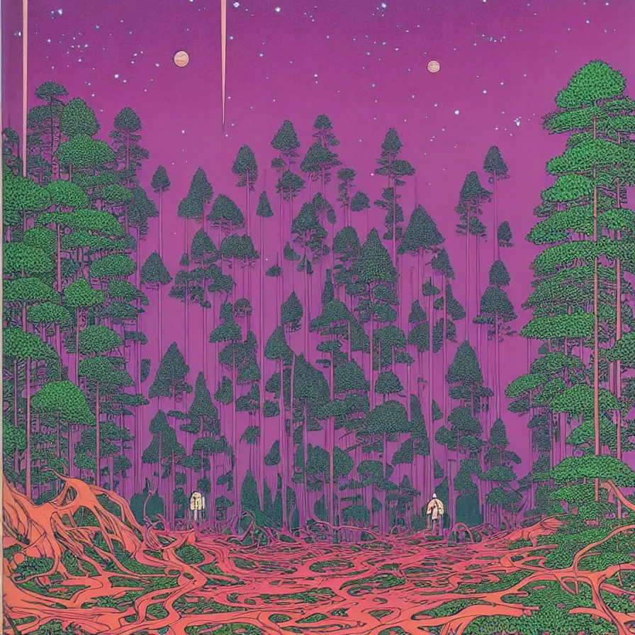 Prompt: ( ( ( ( astronauts walking through a mysterious forest, with decorative frame design ) ) ) ) by mœbius!!!!!!!!!!!!!!!!!!!!!!!!!!!, overdetailed art, colorful, artistic record jacket design