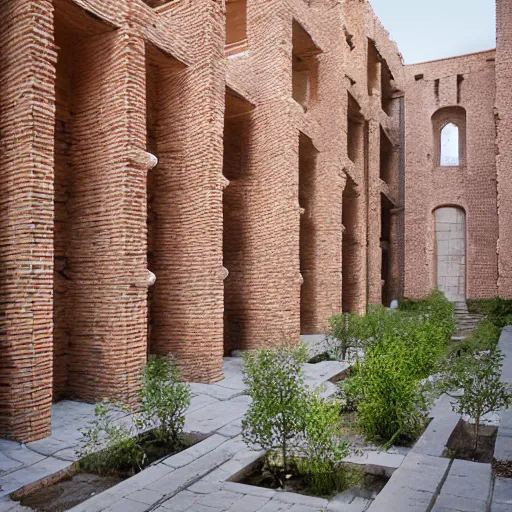 Image similar to courtyard of a monastary made of resursively stacked bricks, fusion of carlo scarpa and thomas heatherwick, architectural photography