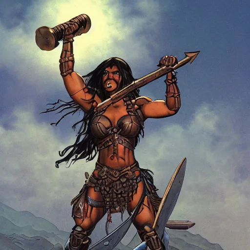 Prompt: a muscular bronze - skinned black - haired woman warrior wearing xena armor, on a hostile planet, highly detailed, ron cobb, moebius, heavy metal magazine, mike mignola, trending on art station, illustration, comic book