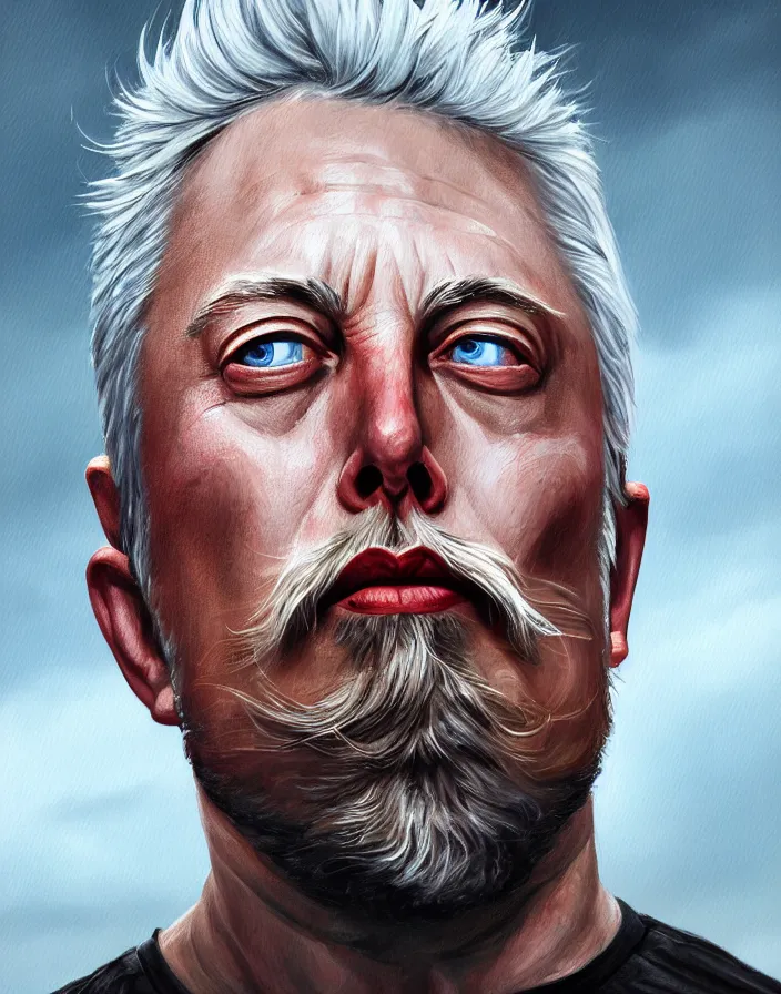 Prompt: painted portrait of rugged elon musk, asymmetrical, god of thunder, greek god, white hair, masculine, mature, handsome, upper body, muscular, hairy torso, fantasy, intricate, elegant, highly detailed, digital painting, artstation, concept art, smooth, sharp focus, illustration, art by steven zabata