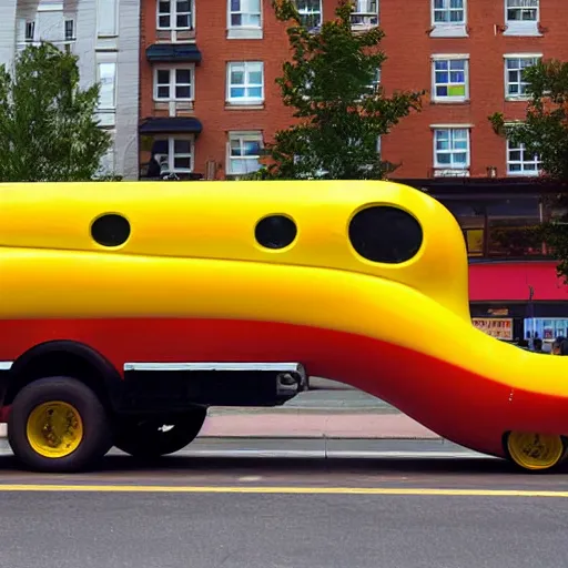 Image similar to very weird, very wrong concept of the Oscar Mayer Wienermobile on the street, photograph