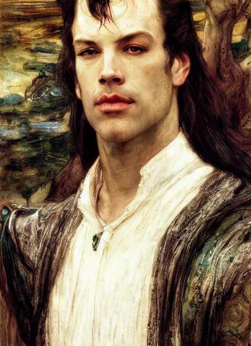 Prompt: a beautiful painting of elrond by John Everett Millais and Dante Gabriel Rossetti and John Collier and john william waterhouse, pre-raphaelite, detailed, trending on artstation, hd, masterpiece