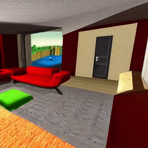 Prompt: a still of a modern living room, 1 9 9 6 super mario 6 4 graphics