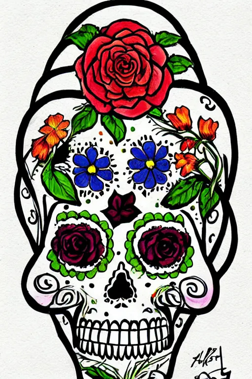 Image similar to Illustration of a sugar skull day of the dead girl, art by henry justice ford