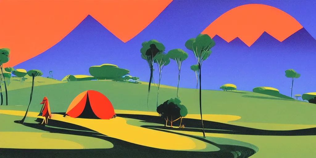 Prompt: oasis with a tent, in a desert, gouache, animated film, stylised, illustration, by eyvind earle, scott wills, genndy tartakovski, syd mead