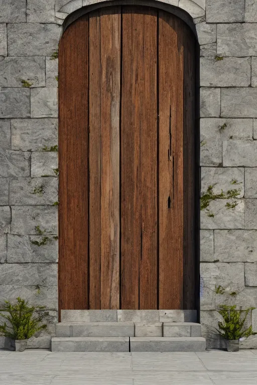 Prompt: a huge wooden door made by two slabs with live edge, rush plant ornaments bright metalllic, stone wall, photorealistic, octane render, volumetric light, high definition, ultra detailed, artstation, deviantart, cgsociety