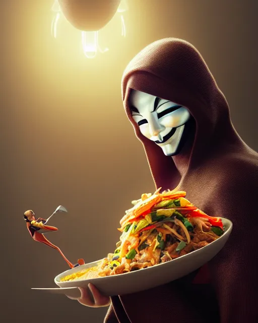 Image similar to movie still macro close photo of anonymous holding stirfry to face, by weta disney pixar greg rutkowski wlop ilya kuvshinov rossdraws artgerm octane render iridescent, bright morning, liosh, mucha