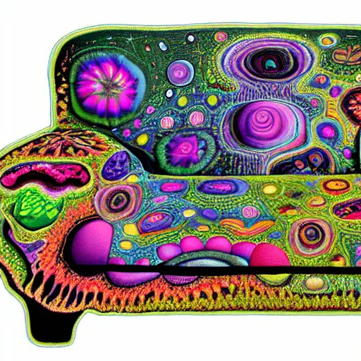 Image similar to psychedelic trippy couch in forest, planets, flowers, mushrooms milky way, sofa, cartoon by giuseppe arcimboldo