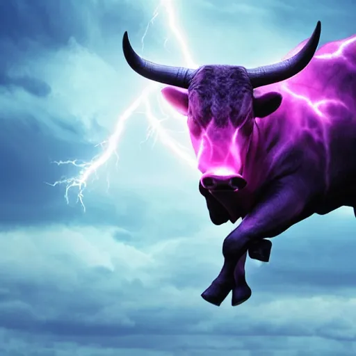 Prompt: bull volume sky concept art pink hyper realistic epic cinematic lightning