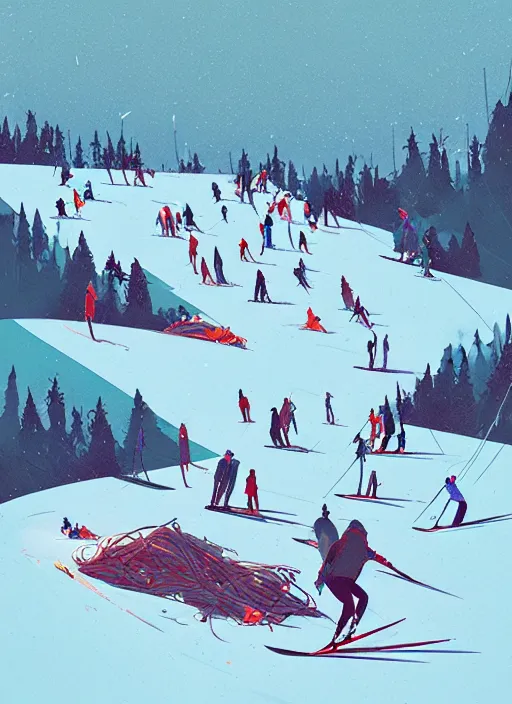 Image similar to by moebius and atey ghailan | the bottom of a ski slope with a huge pile of tangled up skiers |