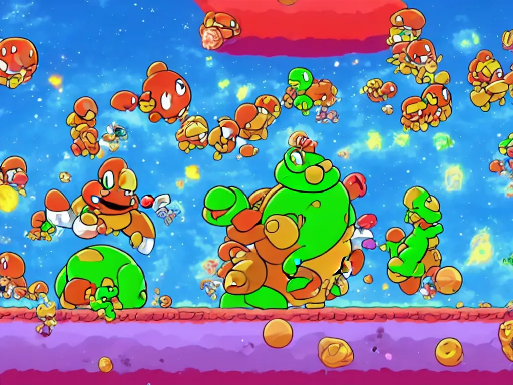 Prompt: goombas fighting with koopas fly to universe, 8 k