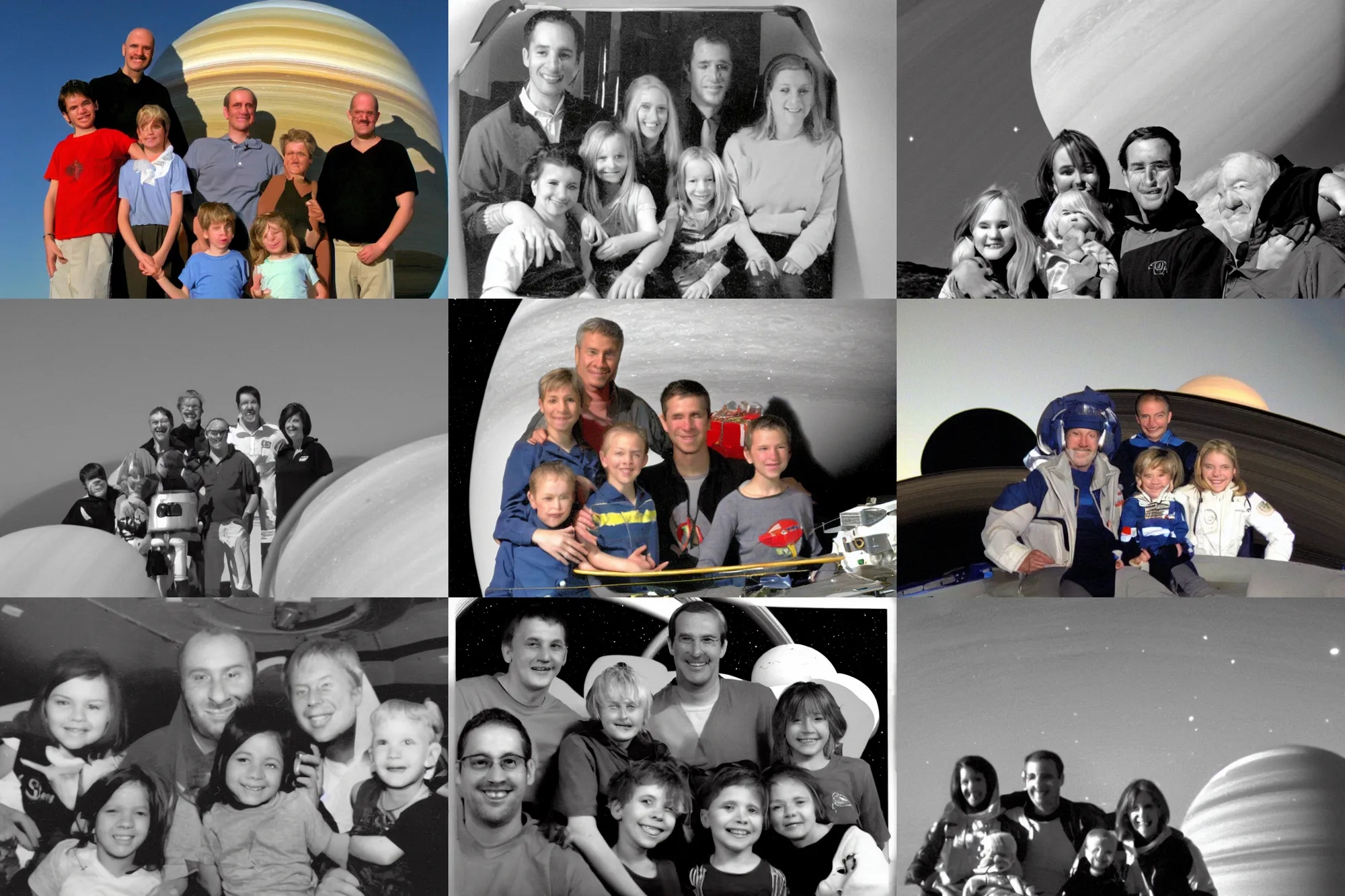 Prompt: a family photo from my holiday space cruise to Saturn in 2004