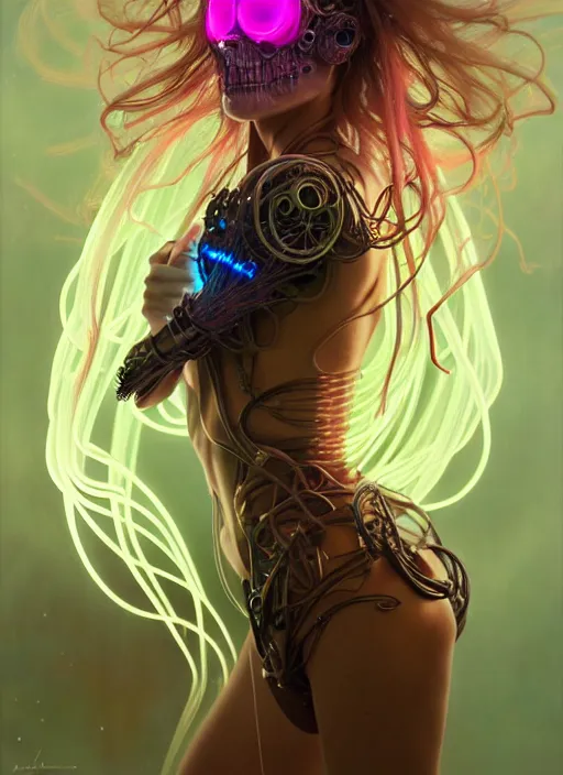 Image similar to organic cyborg, neon jellyfish, diffuse lighting, fantasy, intricate, elegant, highly detailed, lifelike, photorealistic, digital painting, artstation, illustration, concept art, smooth, sharp focus, art by John Collier and Albert Aublet and Krenz Cushart and Artem Demura and Alphonse Mucha