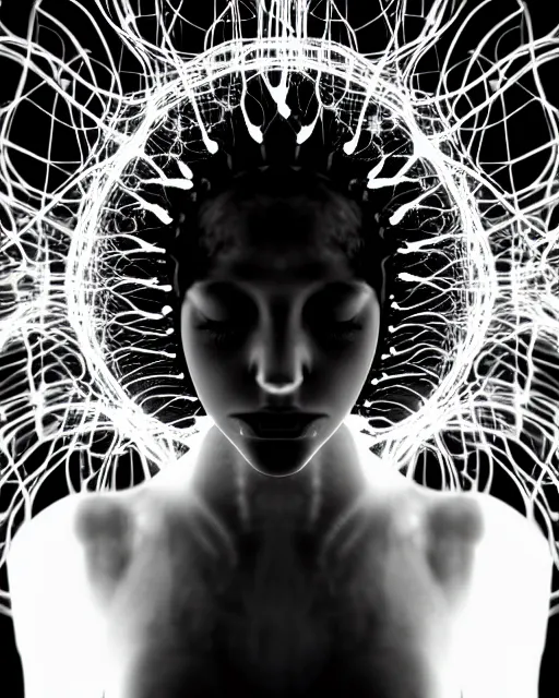 Image similar to black and white dreamy spiritual connected young female cyborg - plant goddess high quality photo, microchip, artificial intelligence, bio - mechanical bio - luminescence, black wired cables, neurons, nerve cells, cinematic, rim light, photo - realistic, elegant, high detail, 8 k, masterpiece, high fashion