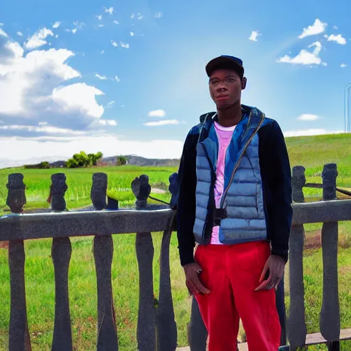 Image similar to Young man standing looking to the right in a red bandana, blue striped shirt, gray vest and a gun with a partly cloudy sky in the background. The young man is standing in front of an iron fence. Photograph. Real life