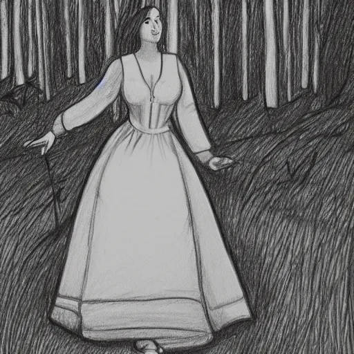 Image similar to a drawing of a woman in a white dress in a forest