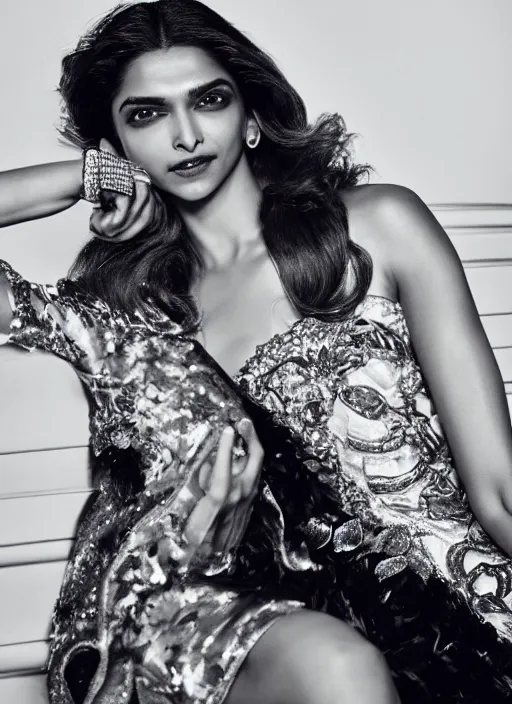 Prompt: A beautiful portrait of Deepika Padukone as a model at Versace fashion show Paris Spring/Summer 2018, highly detailed, in the style of cinematic, fashionweek backstage, makeup by Pat Mcgrath, Shot by Bruce Weber